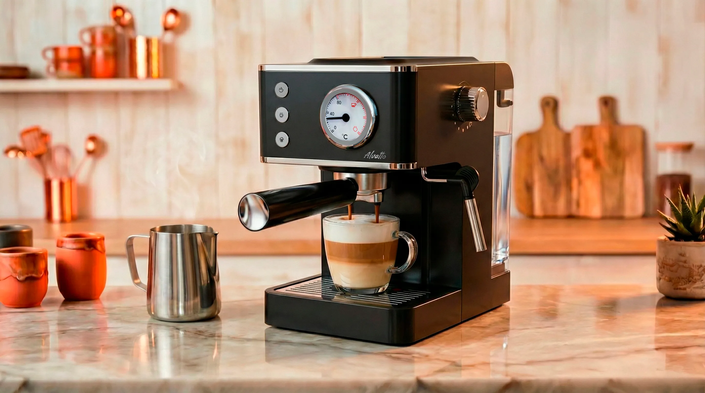 Рожковая кофемашина Альватто Корнет в цвете темный графит с термометром