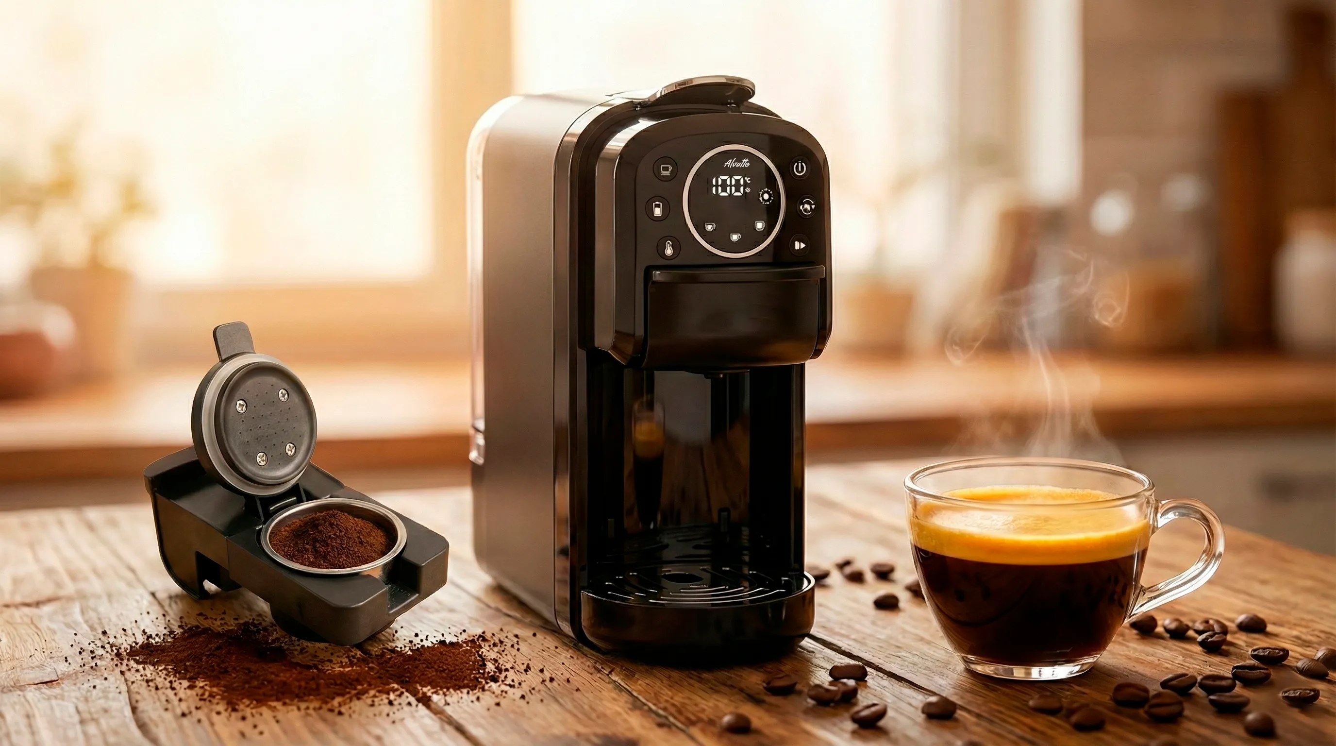Универсальная кофемашина Альватто с адаптером для молотого кофе и чашкой эспрессо
