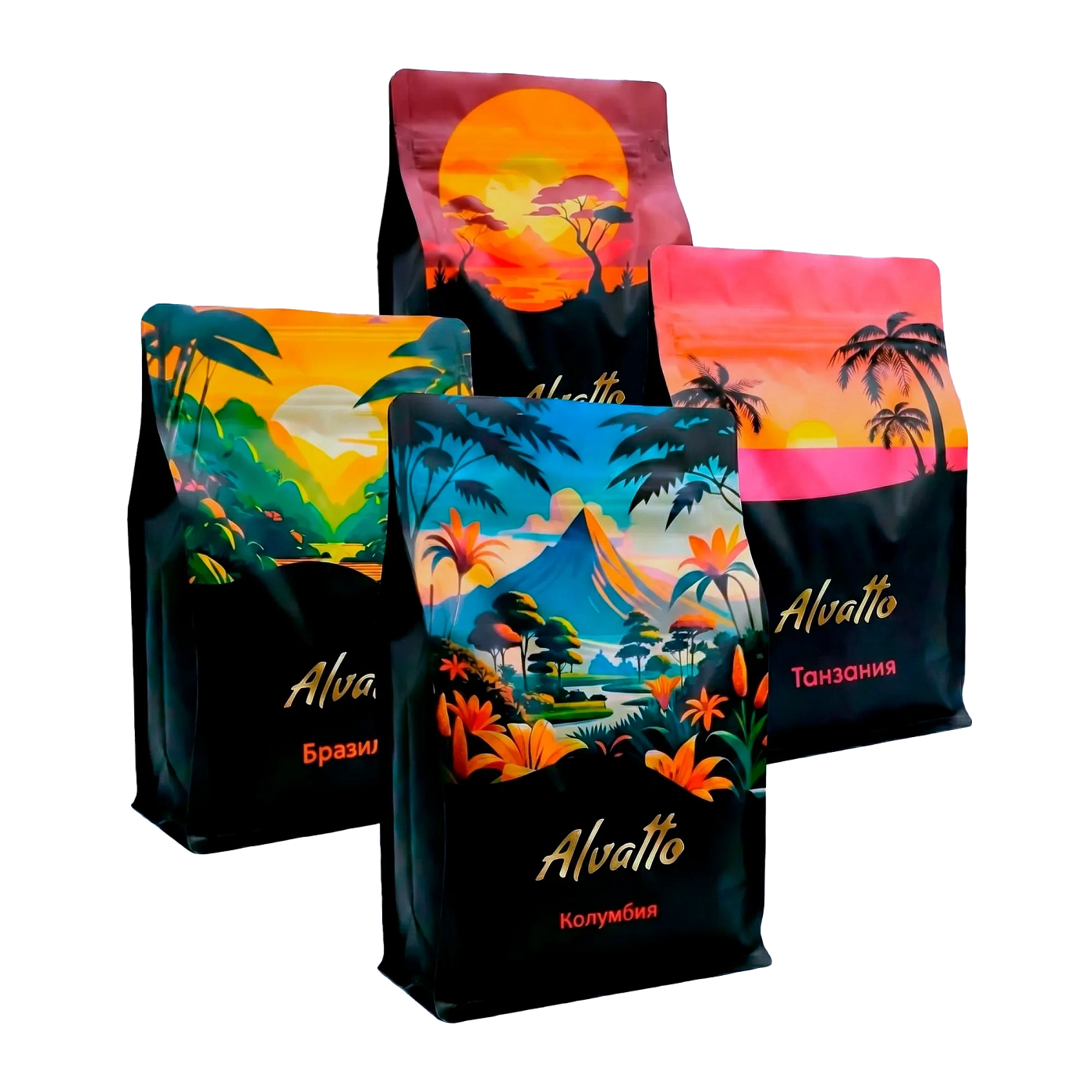 Набор премиального зернового кофе Альватто 4 вида по 250 г (Колумбия, Бразилия, Кения, Танзания) тёмная обжарка